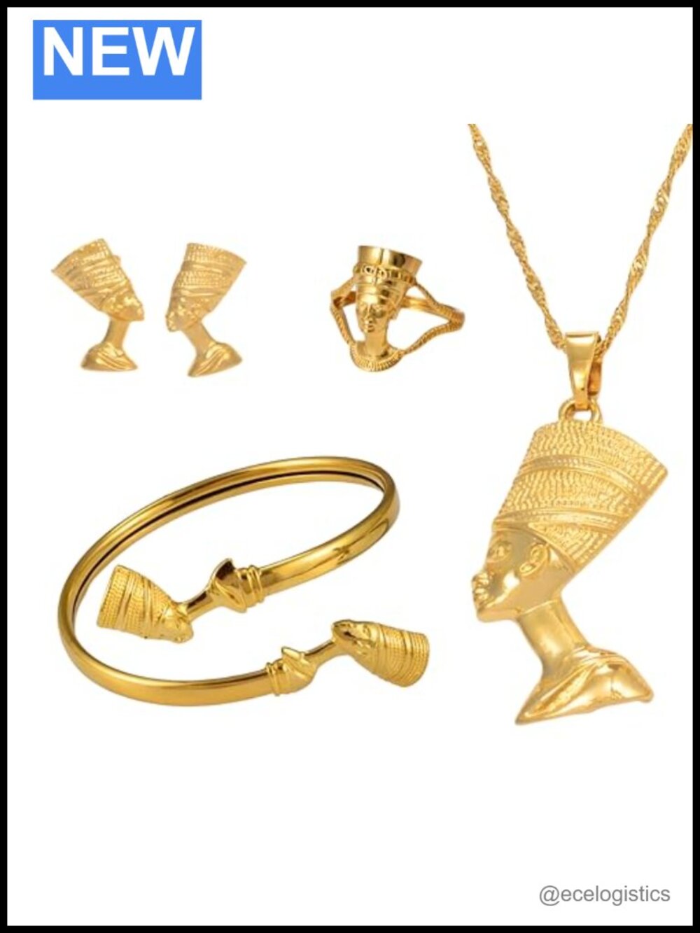 14k Yellow Gold Plated 3pc Ankh Africa Map Nefertiti Pendant Necklace Set